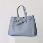 Women's Full-Grain Leather Drawstring Buckle Tote Bag With Silver Hardware