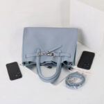 Women's Full-Grain Leather Drawstring Buckle Tote Bag With Silver Hardware