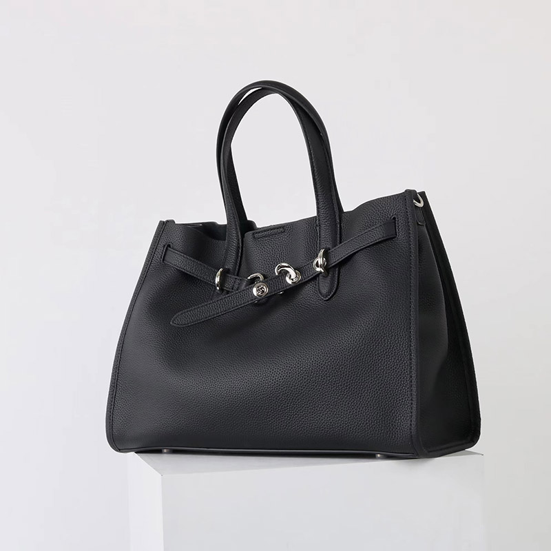 Women's Full-Grain Leather Drawstring Buckle Tote Bag With Silver Hardware