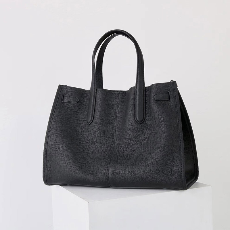Women's Full-Grain Leather Drawstring Buckle Tote Bag With Silver Hardware
