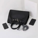 Women's Full-Grain Leather Drawstring Buckle Tote Bag With Silver Hardware