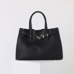 Women's Full-Grain Leather Drawstring Buckle Tote Bag With Silver Hardware