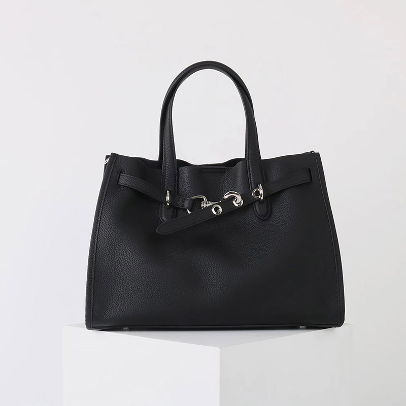 Women's Full-Grain Leather Drawstring Buckle Tote Bag With Silver Hardware