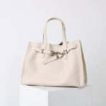 Women's Full-Grain Leather Drawstring Buckle Tote Bag With Silver Hardware