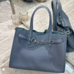 Women's Full-Grain Leather Drawstring Buckle Tote Bag With Silver Hardware