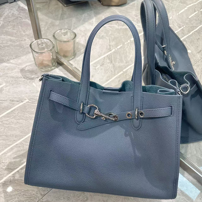 Women's Full-Grain Leather Drawstring Buckle Tote Bag With Silver Hardware