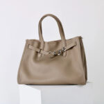 Women's Full-Grain Leather Drawstring Buckle Tote Bag With Silver Hardware
