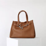 Women's Full-Grain Leather Drawstring Buckle Tote Bag With Silver Hardware