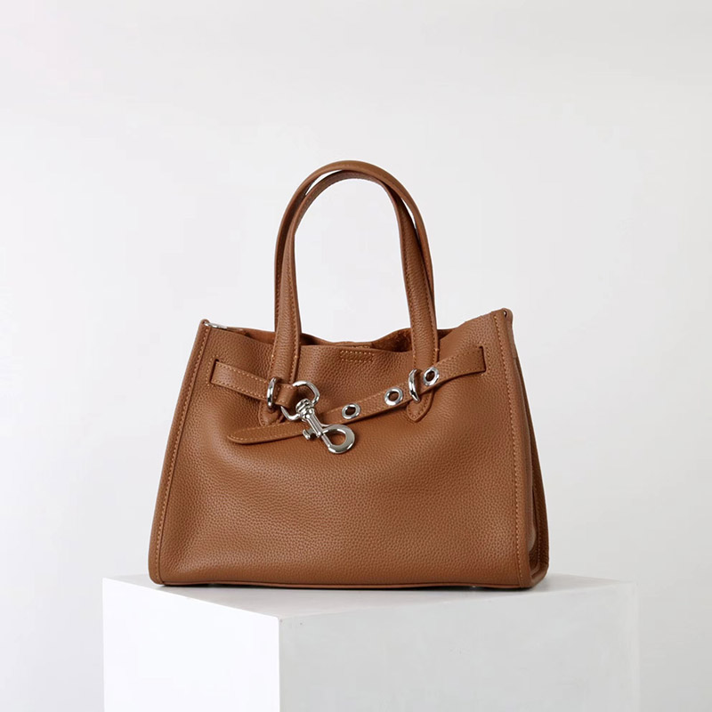 Women's Full-Grain Leather Drawstring Buckle Tote Bag With Silver Hardware