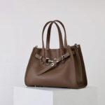 Women's Full-Grain Leather Drawstring Buckle Tote Bag With Silver Hardware