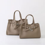 Women's Full-Grain Leather Drawstring Buckle Tote Bag With Silver Hardware