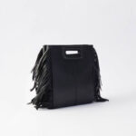 Women's Minimalist Black Vegan Leather Fringe Tote Handbag With Cutout Handles