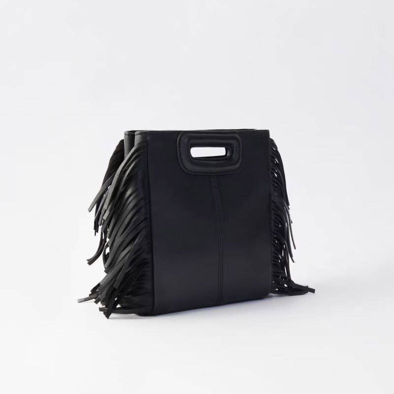 Women's Minimalist Black Vegan Leather Fringe Tote Handbag With Cutout Handles