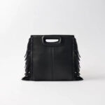 Women's Minimalist Black Vegan Leather Fringe Tote Handbag With Cutout Handles