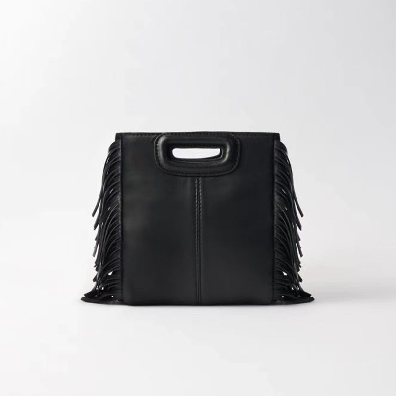 Women's Minimalist Black Vegan Leather Fringe Tote Handbag With Cutout Handles