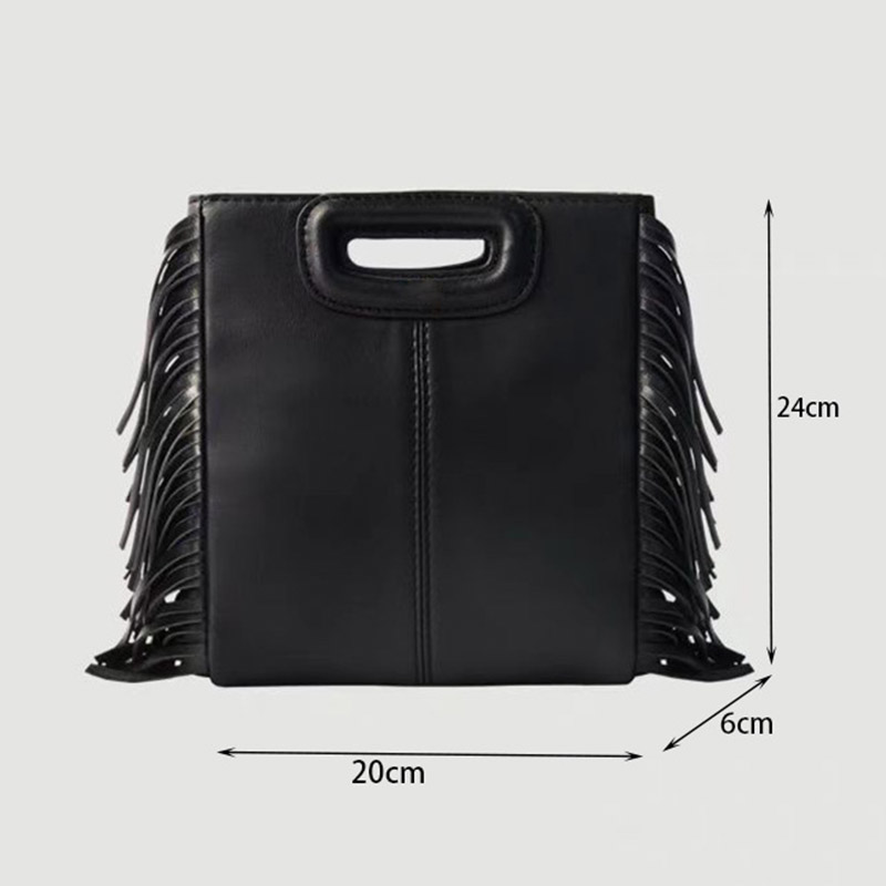 Women's Minimalist Black Vegan Leather Fringe Tote Handbag With Cutout Handles