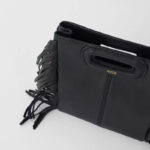 Women's Minimalist Black Vegan Leather Fringe Tote Handbag With Cutout Handles