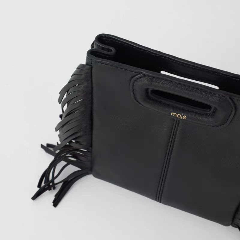 Women's Minimalist Black Vegan Leather Fringe Tote Handbag With Cutout Handles