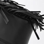 Women's Minimalist Black Vegan Leather Fringe Tote Handbag With Cutout Handles