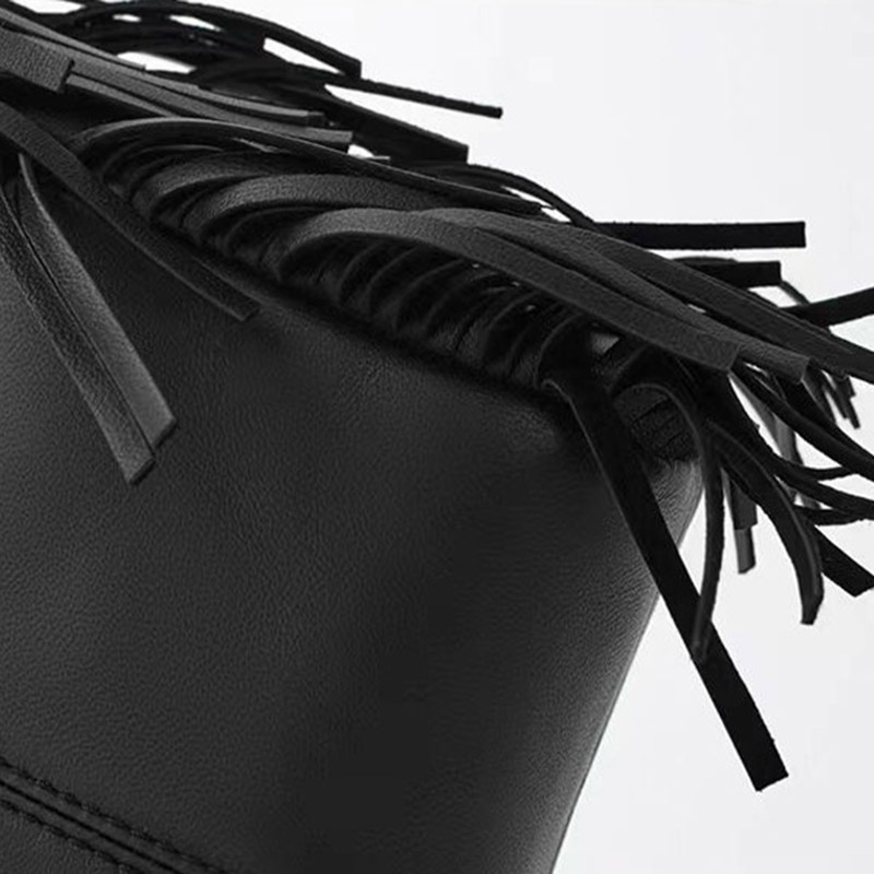 Women's Minimalist Black Vegan Leather Fringe Tote Handbag With Cutout Handles
