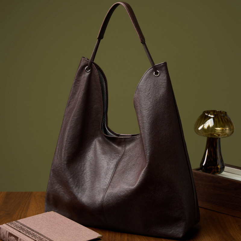 Women's Minimalist Cowhide Leather Hobo Shoulder Bag With Magnetic Closure