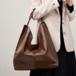 Women's Minimalist Cowhide Leather Hobo Shoulder Bag With Magnetic Closure