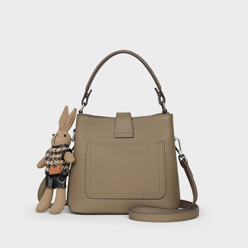 Women's Minimalist Full-Grain Leather Crossbody Shoulder Strap Bucket Handbag With Buckle Closure