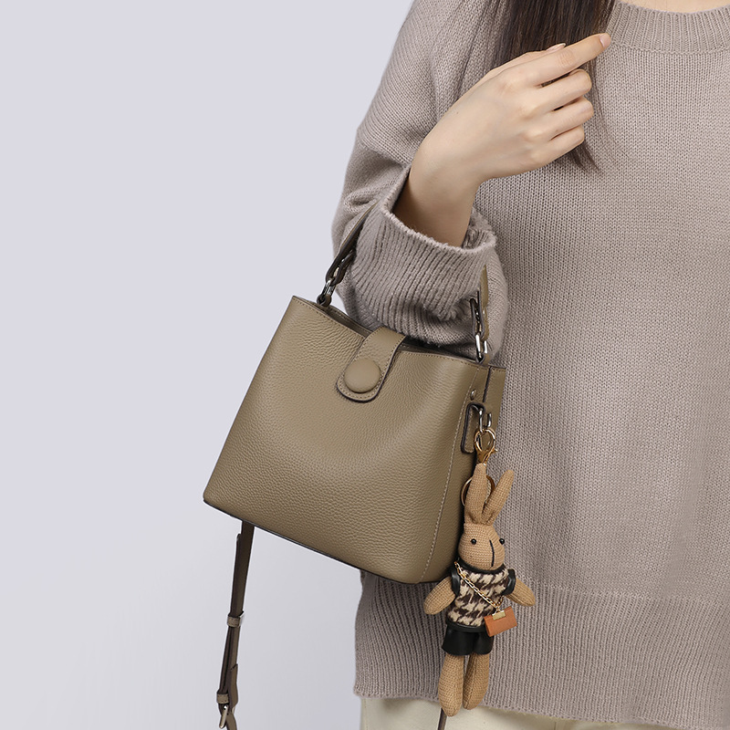 Women's Minimalist Full-Grain Leather Crossbody Shoulder Strap Bucket Handbag With Buckle Closure