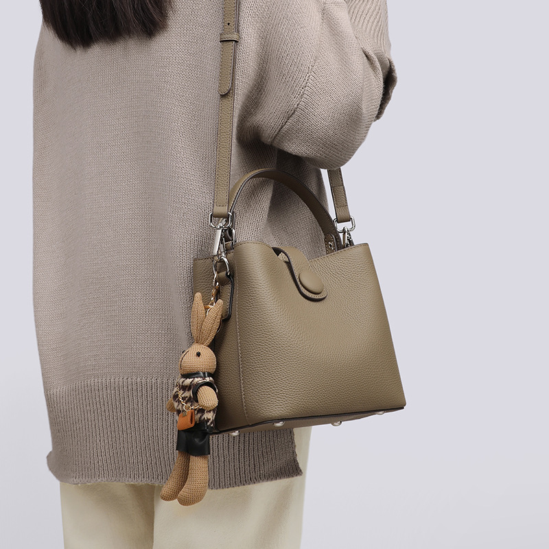 Women's Minimalist Full-Grain Leather Crossbody Shoulder Strap Bucket Handbag With Buckle Closure