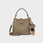 Women's Minimalist Full-Grain Leather Crossbody Shoulder Strap Bucket Handbag With Buckle Closure