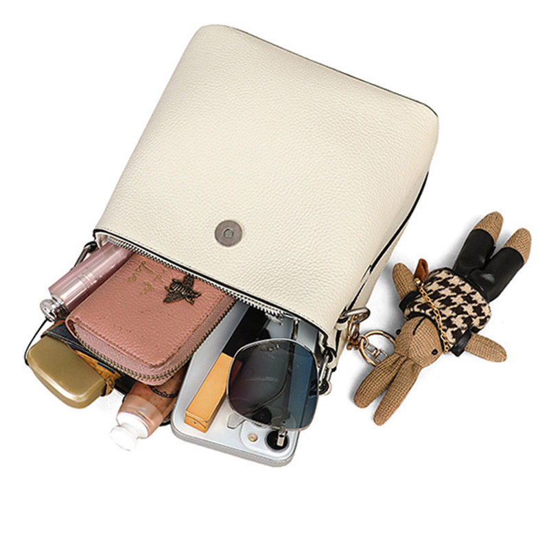Women's Minimalist Full-Grain Leather Crossbody Shoulder Strap Bucket Handbag With Buckle Closure