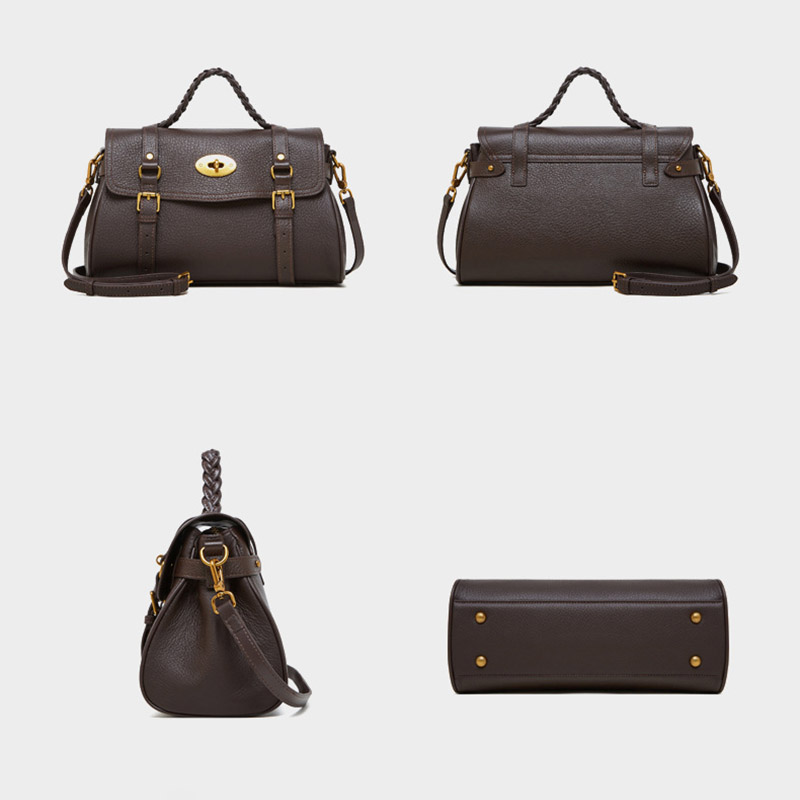 Sac à main en cuir de grain supérieur tressé pour femmes, avec bandoulière et quincaillerie dorée