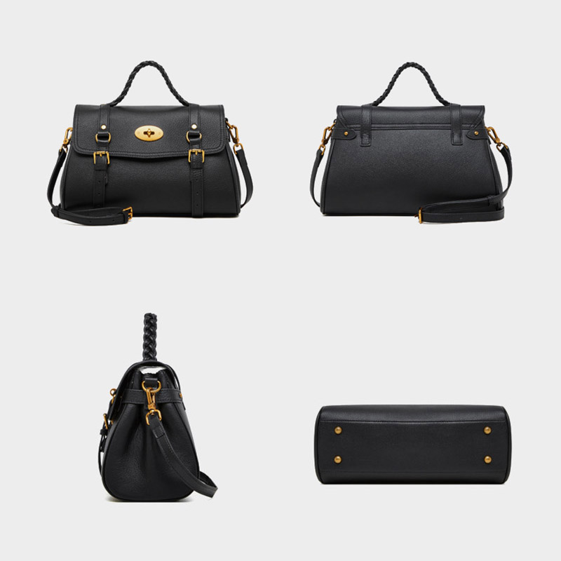 Sac à main en cuir de grain supérieur tressé pour femmes, avec bandoulière et quincaillerie dorée