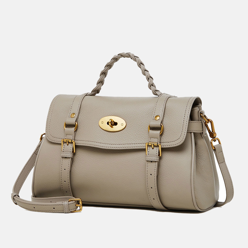Sac à main en cuir de grain supérieur tressé pour femmes, avec bandoulière et quincaillerie dorée