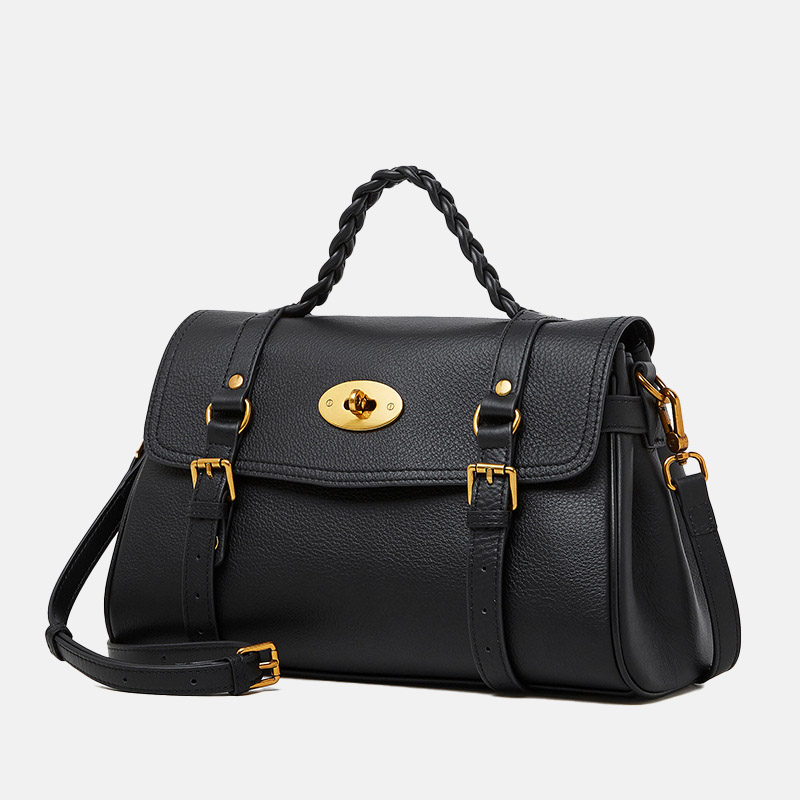 Sac à main en cuir de grain supérieur tressé pour femmes, avec bandoulière et quincaillerie dorée