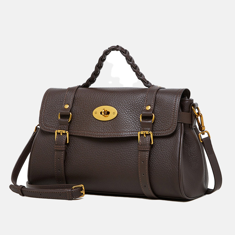 Women's Minimalist Top-Grain Leather Braided Handle Crossbody Shoulder Messenger Handbag In Gold Hardware