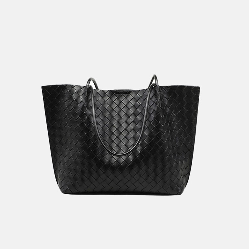 Women's Minimalist Woven Split Leather Shoulder Tote Bags In Black