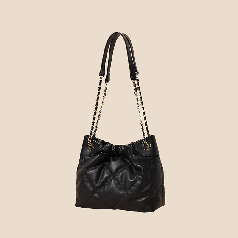 Women's Quilted Top Grain Leather Chain Shoulder Strap Bucket Handbags