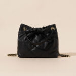 Women's Quilted Top Grain Leather Chain Shoulder Strap Bucket Handbags