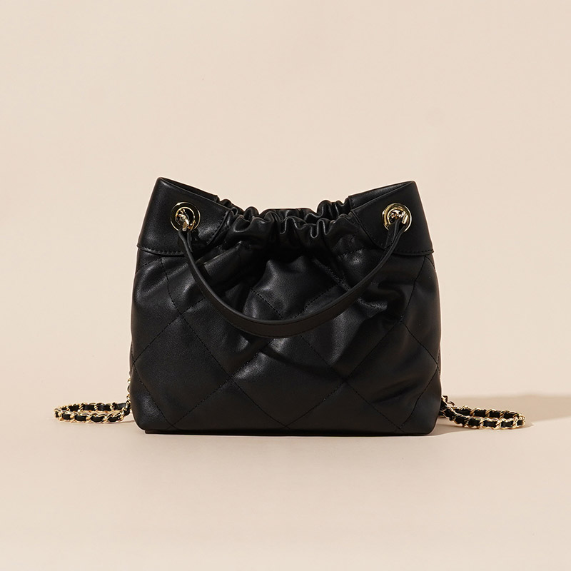 Women's Quilted Top Grain Leather Chain Shoulder Strap Bucket Handbags