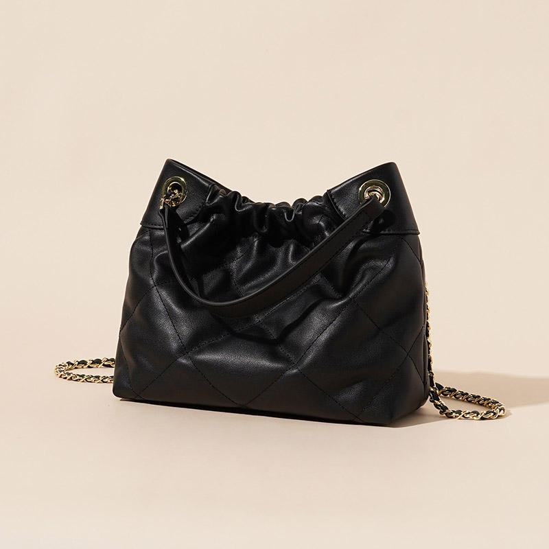 Women's Quilted Top Grain Leather Chain Shoulder Strap Bucket Handbags