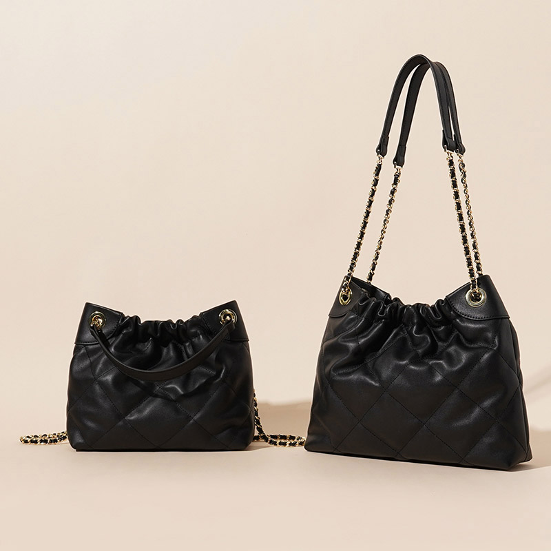 Women's Quilted Top Grain Leather Chain Shoulder Strap Bucket Handbags