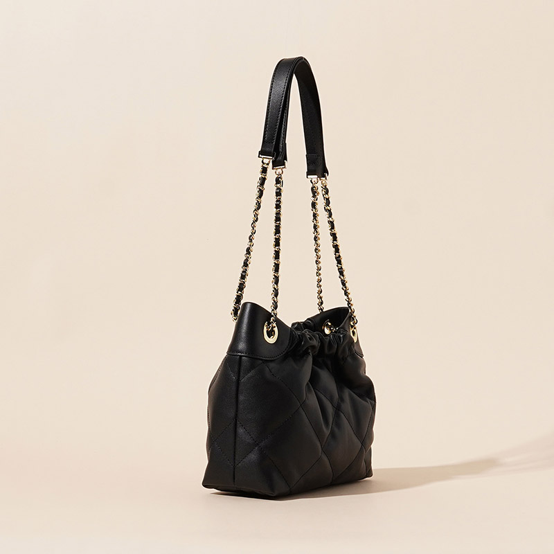 Women's Quilted Top Grain Leather Chain Shoulder Strap Bucket Handbags
