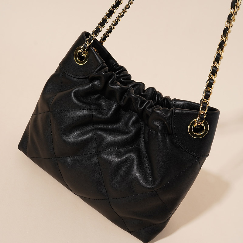 Women's Quilted Top Grain Leather Chain Shoulder Strap Bucket Handbags