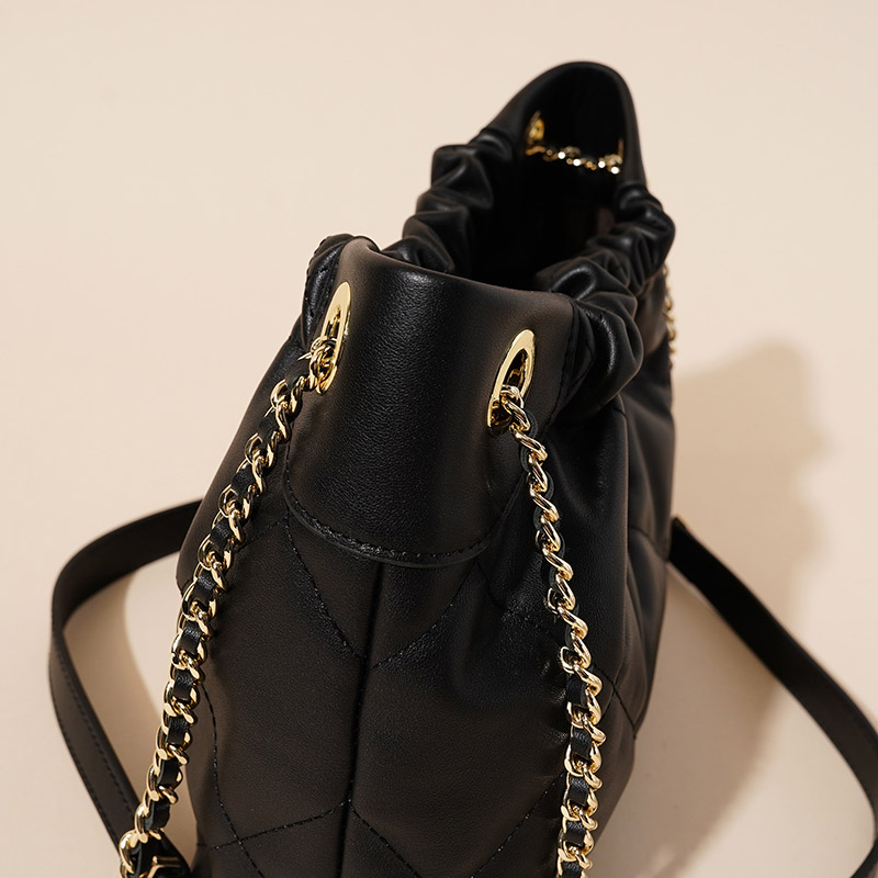 Women's Quilted Top Grain Leather Chain Shoulder Strap Bucket Handbags