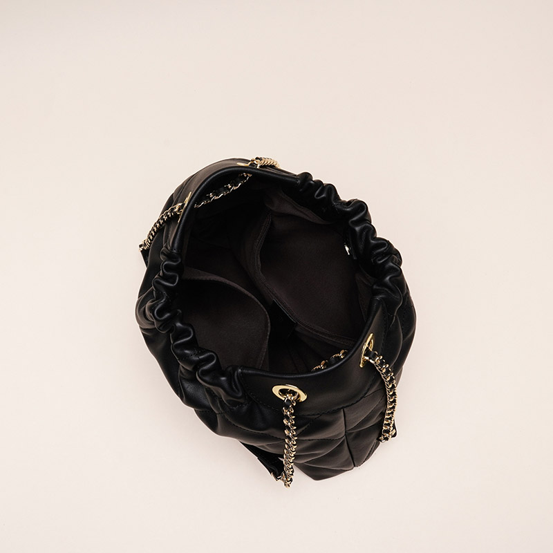 Women's Quilted Top Grain Leather Chain Shoulder Strap Bucket Handbags
