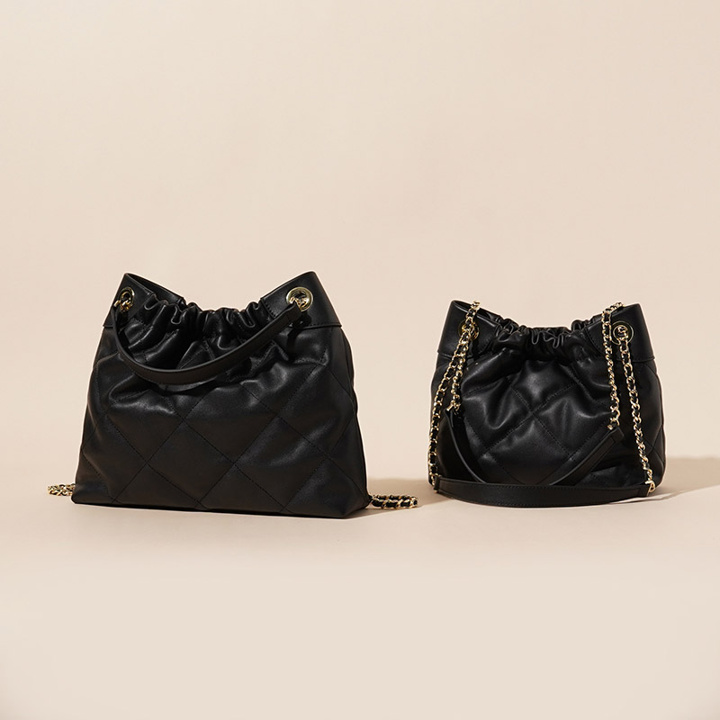 Women's Quilted Top Grain Leather Chain Shoulder Strap Bucket Handbags