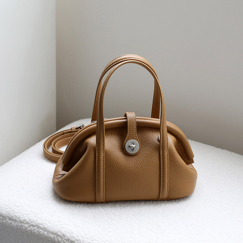 Sac à main à bandoulière en cuir de grain supérieur en forme de coquillage avec fermeture verrouillée pour femmes