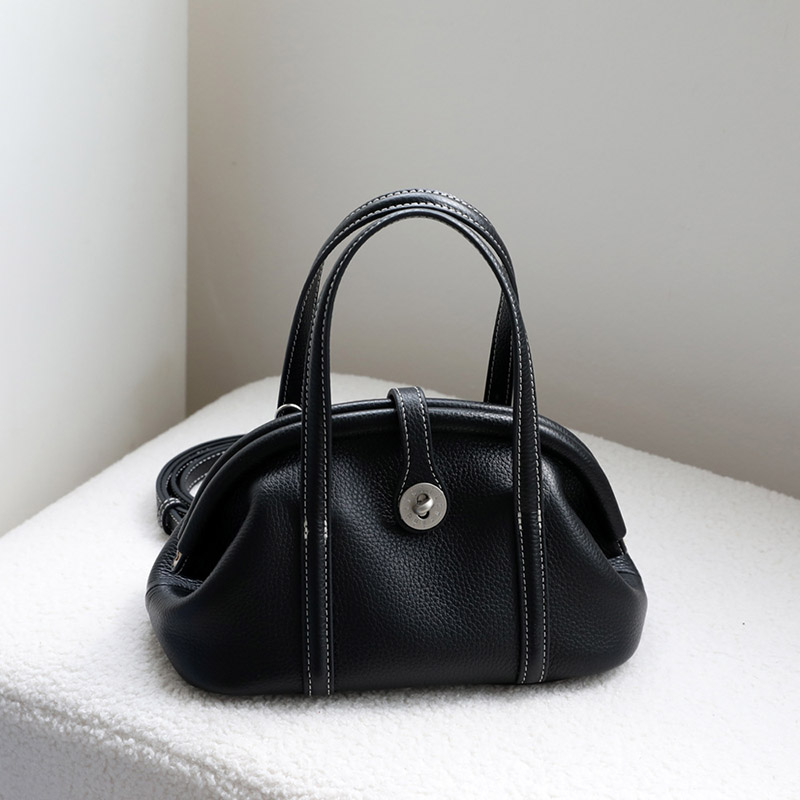 Sac à main à bandoulière en cuir de grain supérieur en forme de coquillage avec fermeture verrouillée pour femmes