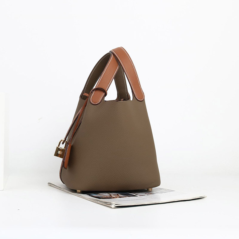 Women's Vintage Top-Grain Leather Bucket Handbag With Lock Closure